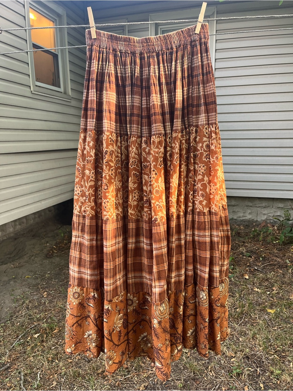 White Stag Brown and Orange Plaid & Floral Tiered Maxi Skirt Size M